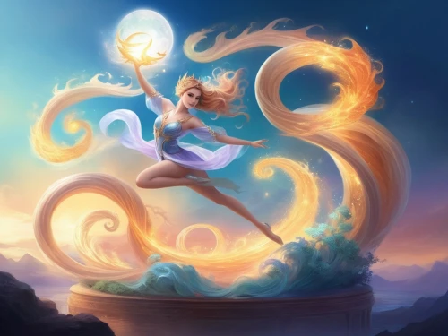 nami,janna,amphitrite,flame spirit,firedancer,fire dancer,djinn,whirlwinds,mermaid background,scylla,harmonix,spellbinder,the zodiac sign pisces,sirena,fire poi,fire pearl,airbender,little mermaid,fireheart,dragonair,Illustration,Realistic Fantasy,Realistic Fantasy 01