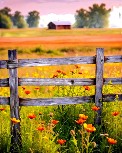 pasture fence,blooming field,flowers field,orangefield,flower field,farmland,field of flowers,fenceline,white picket fence,pastures,summer meadow,fences,field flowers,fence posts,farm background,fields,chair in field,antietam,meadow,prairies,Illustration,Paper based,Paper Based 24