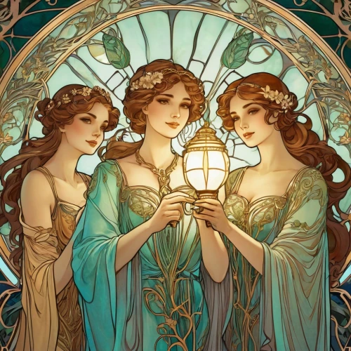 rhinemaidens,the three graces,priestesses,enchanters,mucha,sorceresses,countesses,pleiades,canonesses,muses,maidens,norns,absinthe,art nouveau frames,damsels,celtic woman,muharem,quartette,gardenias,archangels,Illustration,Retro,Retro 13