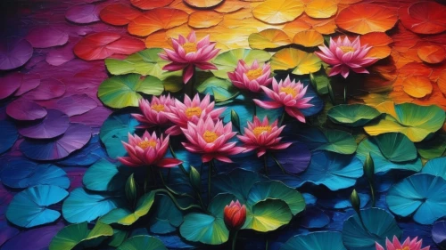 waterlilies,lotuses,water lilies,flower painting,colorful flowers,flower art,lotus flowers,pink water lilies,lotus hearts,water flowers,water lotus,floral rangoli,waterlily,colorful leaves,pond flower,lotus on pond,blooming lotus,flower water,lily pond,lotus pond,Illustration,Realistic Fantasy,Realistic Fantasy 25