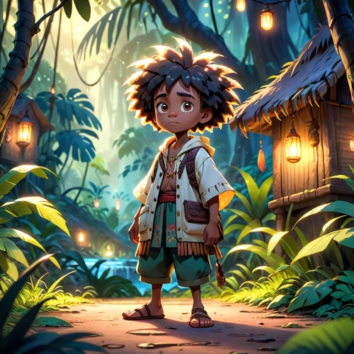 mowgli,miguel of coco,sanjaya,korowai,aeta,polynesian,auriongold,kids illustration,moana,polynesians,adventurer,pygmy,game illustration,ethnobotanist,apayao,madagascan,world digital painting,polynesia,akala,paleobotanist,Anime,Anime,Cartoon