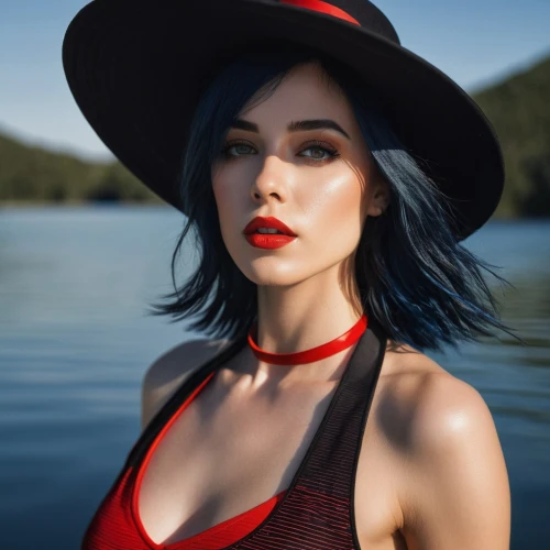 red lips,red lipstick,leather hat,girl on the river,pointed hat,akubra,poppy red,red and blue,on the river,canoe,floating on the river,sun hat,red throat,ashe,red cap,lady in red,petrova,paddler,red tones,red bow,Photography,Documentary Photography,Documentary Photography 08