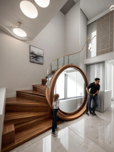 circular staircase,wooden stair railing,winding staircase,spiral staircase,wooden stairs,spiral stairs,staircase,banisters,stair handrail,monowheel,3d rendering,roundels,outside staircase,round house,semi circle arch,circle design,stairwell,interior modern design,staircases,stair,Interior Design,Living room,Modern,Asian Modern Urban