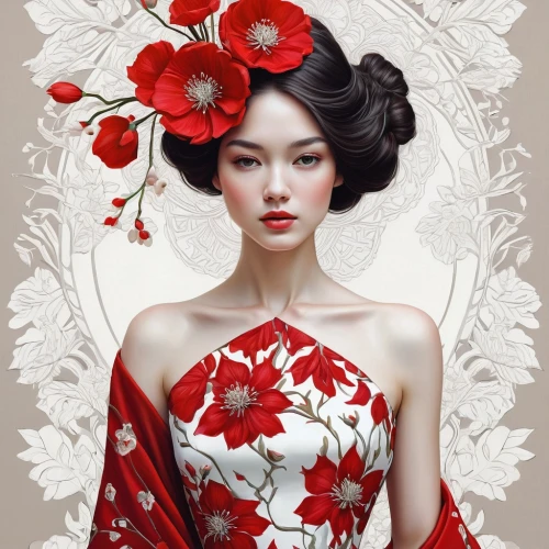 geisha girl,japanese floral background,oiran,cheongsam,geisha,zuoying,oriental painting,maiko,japanese art,jianying,xueying,wenhao,jingna,floral japanese,sichuanese,red petals,yanzhao,jianxing,wenzhao,red magnolia,Illustration,Abstract Fantasy,Abstract Fantasy 02