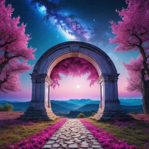 heaven gate,fantasy picture,purple landscape,gateway,archway,rose arch,arch,purple and pink,natural arch,portal,3d background,fantasy landscape,arbor,japanese sakura background,wall,the mystical path,landscape background,entrada,unicorn background,half arch,Photography,General,Realistic