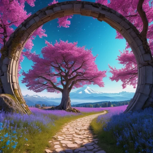 japanese sakura background,cartoon video game background,sakura background,spring background,springtime background,purple landscape,landscape background,fantasy landscape,beautiful wallpaper,3d background,fantasy picture,heaven gate,rose arch,semi circle arch,full hd wallpaper,nature background,purple wallpaper,archway,pathway,sakura wreath,Photography,General,Realistic