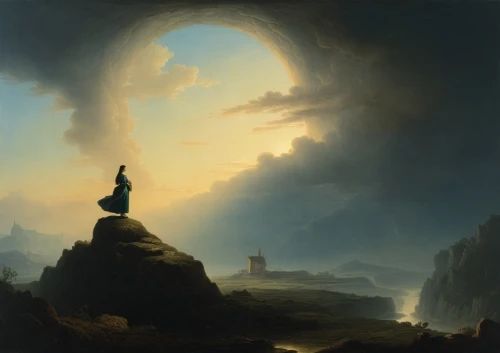 aivazovsky,bierstadt,friedrich,ossian,the pillar of light,siggeir,nicolaes,frederic church,balke,silhouette of man,fantasy picture,pilgrimage,achenbach,apotheosis,fantasy landscape,mythography,kholmogory,mythologie,joseph turner,skywatchers,Art,Classical Oil Painting,Classical Oil Painting 25