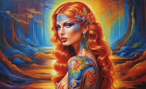 fantasy art,bohemian art,welin,amphitrite,bodypainting,sirena,boho art,virgo,beltane,fire angel,neon body painting,nereid,aquarius,andromeda,holman,hildebrandt,persephone,seelie,bodypaint,mystical portrait of a girl,Illustration,Paper based,Paper Based 09