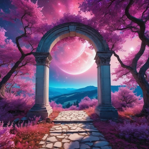 purple landscape,japanese sakura background,heaven gate,rose arch,sakura background,fantasy landscape,gateway,archway,purple wallpaper,fantasy picture,portal,purple and pink,3d background,beautiful wallpaper,landscape background,garden door,arbor,cartoon video game background,the mystical path,wall,Photography,General,Realistic