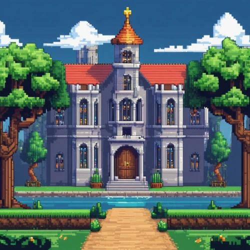 castlevania,monastery,fairy tale castle,cathedral,mansion,basilica,gold castle,knight's castle,chronicon,castle of the corvin,maplecroft,archibishop,forest house,castlelike,haunted cathedral,castle,archabbey,country estate,pixel art,palaces