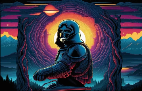 klaatu,laser buddha mountain,meditator,darth vader,vader,zardoz,vector illustration,vector art,buddha,prog,tron,primitive man,shambhala,darkseid,avatar,man silhouette,eternia,starkiller,swami,sealth,Illustration,Realistic Fantasy,Realistic Fantasy 25