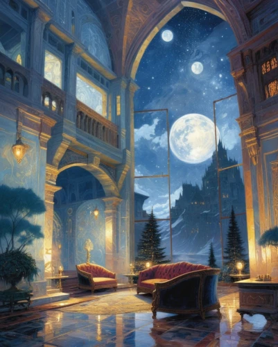 fantasy picture,moonlit night,fantasy landscape,night scene,moonlit,fantasy art,dreamscapes,moonlight,world digital painting,romantic night,evening atmosphere,dream world,moon and star background,romantic scene,background design,book wallpaper,dream art,dreamscape,storybook,3d fantasy,Illustration,Realistic Fantasy,Realistic Fantasy 03