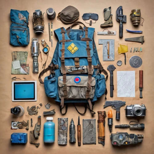 climbing gear,archaeologist,geocache,camping gear,radiotelegraph,rock-climbing equipment,backpacked,geologist,climbing equipment,kit,backpacker,geared,flatlay,flat lay,postapocalyptic,biologist,scoutcraft,edc,toolkit,travel bag,Unique,Design,Knolling