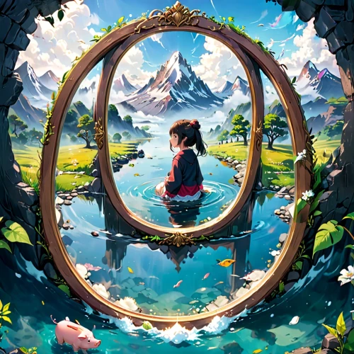 round autumn frame,little world,mirror in the meadow,little planet,wishing well,hoenn,circle,circle shape frame,ghibli,atreus,porthole,a circle,neverland,arrietty,frame illustration,hyrule,window to the world,dream world,korra,round frame,Anime,Anime,Traditional