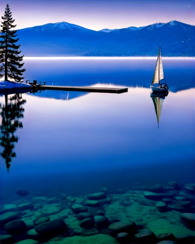 lake tahoe,sailing blue purple,calm water,boat landscape,sailing boat,beautiful lake,tahoe,reflection in water,calm waters,water reflection,sail boat,sailboat,evening lake,calmness,reflections in water,floating over lake,baikal lake,tranquility,stillness,reflection of the surface of the water,Illustration,Retro,Retro 25