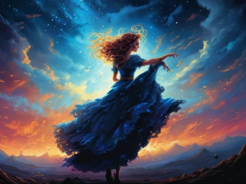 dance silhouette,dancing flames,falling star,fantasy picture,little girl in wind,woman silhouette,fantasia,fire dancer,fire dance,falling stars,cielo,world digital painting,mystical portrait of a girl,pasodoble,silhouette art,celestial,mermaid silhouette,firedancer,silhouette dancer,andromeda,Illustration,Realistic Fantasy,Realistic Fantasy 25