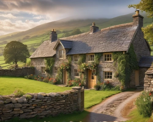 country cottage,ireland,wales,ecosse,country house,home landscape,beautiful home,stone houses,shire,thatched cottage,cottages,country estate,northern ireland,stone house,summer cottage,yorkshire dales,schottland,irlanda,dreamhouse,peak district,Illustration,Realistic Fantasy,Realistic Fantasy 39