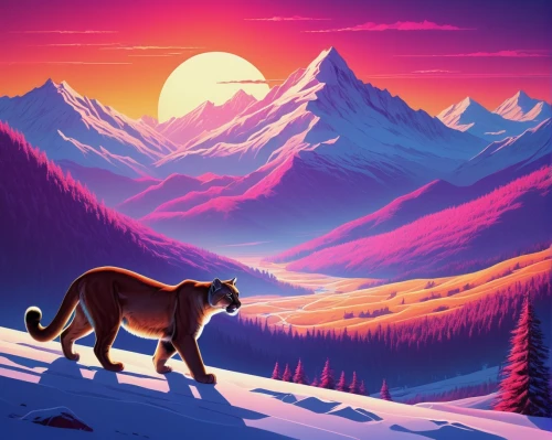 mountain lion,felidae,tigerstar,starclan,riverclan,wolpaw,mountain sunrise,dusk background,catamount,lionnet,game illustration,kion,landscape background,cartoon video game background,low poly,aleu,shadowclan,tigon,defence,mountain scene,Conceptual Art,Sci-Fi,Sci-Fi 12