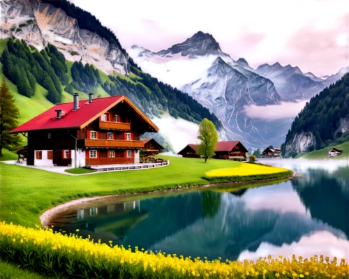 landscape background,world digital painting,obersee,home landscape,alpine landscape,alpine village,bernese oberland,alpsee,swiss,switzerland,swiss house,house with lake,oberland,bernese highlands,house in mountains,suiza,swiss alps,alpine pastures,nature background,cartoon video game background,Photography,Artistic Photography,Artistic Photography 04