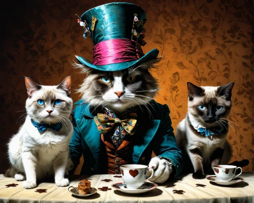 tea party cat,cat coffee,tea party,vintage cats,cat drinking tea,cat's cafe,hatter,teatime,gatos,alice in wonderland,tea time,ringmaster,aristocrats,figaro,aristocrat,oktoberfest cats,cat family,cappuccinos,cats,magician,Illustration,American Style,American Style 02