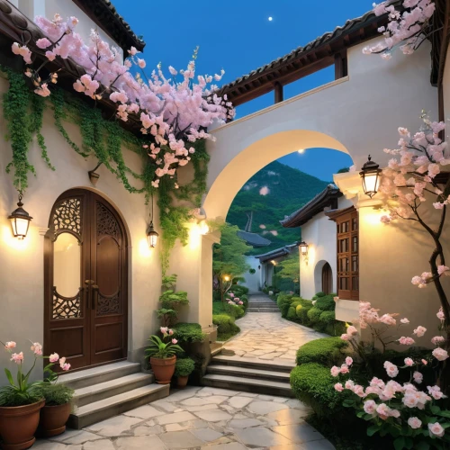 night-blooming jasmine,beautiful home,bougainvilleans,bougainvilleas,courtyard,splendor of flowers,walkway,garden door,patios,archways,home landscape,idyllic,lanterns,asian architecture,bougainvillea,courtyards,the threshold of the house,flower delivery,spa,gardenias,Unique,Design,Character Design
