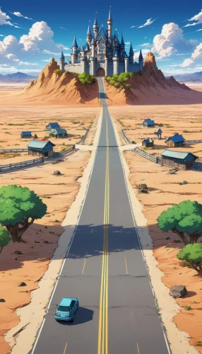 sand road,cartoon video game background,racing road,open road,agrabah,toonerville,road,long road,road of the impossible,fairy tail,road to nowhere,motorcity,the road,stardrive,backgrounds,roads,background screen,deserto,crossroad,valerian,Illustration,Japanese style,Japanese Style 03
