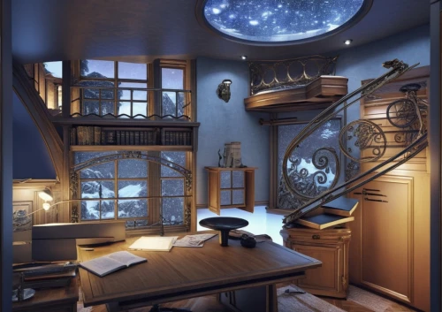 sleeping room,dreamhouse,orrery,winding staircase,astronomia,moon phase,circular staircase,grandfather clock,chambre,spiral staircase,armoire,blue room,blue lamp,astronomer,outside staircase,moonlighted,ornate room,great room,nightstands,moonlit night,Illustration,Paper based,Paper Based 29