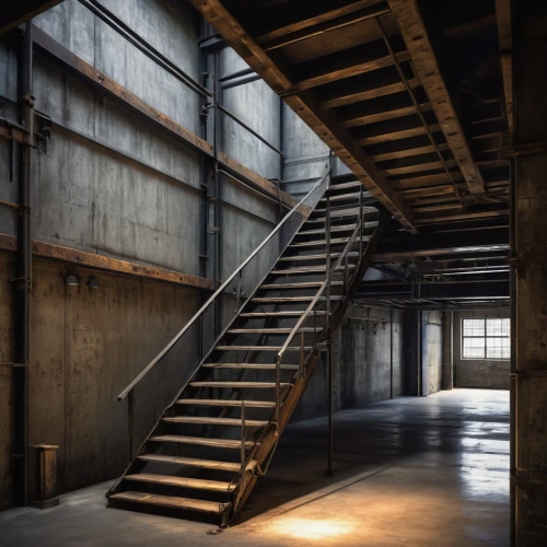 steel stairs,stairwells,stairways,stairwell,staircase,stair,stairs,backstairs,staircases,empty factory,abandoned factory,stairway,warehouse,outside staircase,loft,lofts,loading dock,winding staircase,spiral stairs,wooden stairs,Illustration,Japanese style,Japanese Style 21