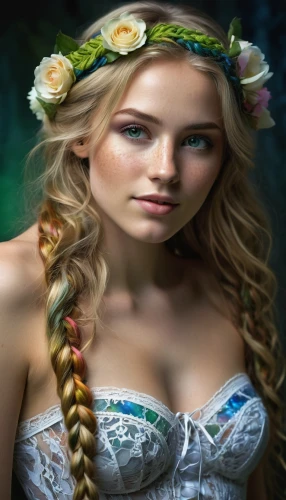 faery,faerie,galadriel,margairaz,fantasy portrait,dirndl,girl in a wreath,beautiful girl with flowers,amazonica,vasilisa,fairie,mystical portrait of a girl,jessamine,diwata,girl in flowers,celtic woman,fae,rapunzel,young woman,ellinor,Conceptual Art,Daily,Daily 09