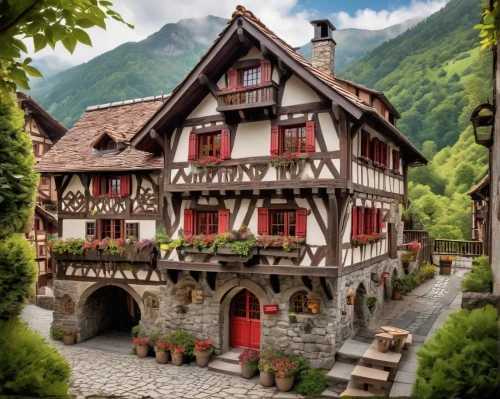 swiss house,half-timbered house,alpine village,escher village,auberge,timber framed building,half-timbered houses,alsace,switzerlands,suiza,franconian switzerland,traditional house,switzerland,house in mountains,maisons,tonnant,timbered,suisse,house in the mountains,bernese highlands,Unique,3D,Garage Kits