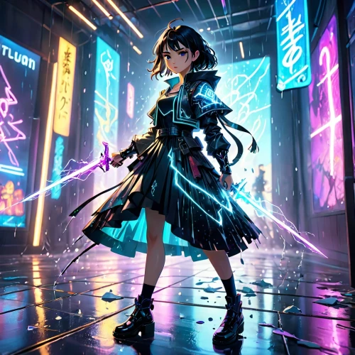 shakugan,hatsune miku,ene,kurumi,neon light,underlain,bns,railgun,blue rain,noire,downpour,rainy,shumeiko,cyber,cyberworld,luminous,cyberia,raincoat,transistor,light effects,Anime,Anime,Cartoon