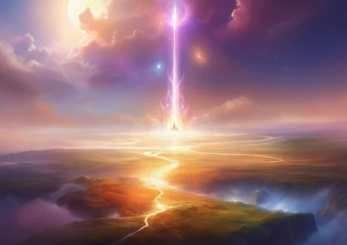 fantasy landscape,bifrost,hesychasm,asgard,eckankar,the pillar of light,fantasy picture,skyfire,vesperia,futuristic landscape,silmarillion,midgard,chasm,homeworld,firefall,alfheim,heavenward,ragnarok,beautiful wallpaper,mists over prismatic,Illustration,Realistic Fantasy,Realistic Fantasy 01