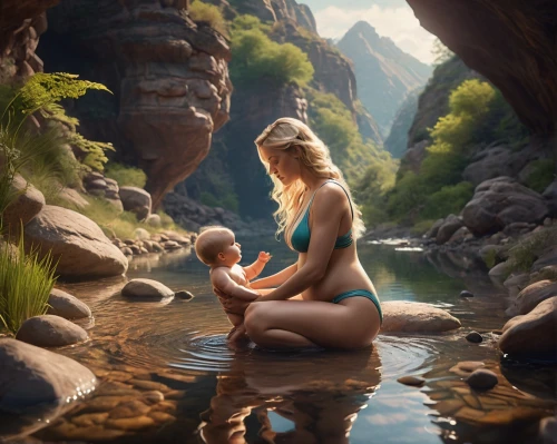 mother earth,little girl and mother,mother nature,maternal,fantasy picture,girl and boy outdoor,mountain spring,motherhood,baby with mom,heatherley,mother earth statue,world digital painting,breastfeeding,fantasy art,the blonde in the river,breastfed,the cradle,photoshop manipulation,nurture,nectan,Photography,General,Cinematic