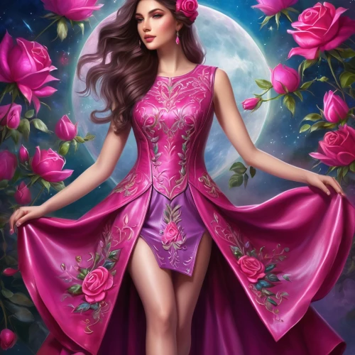 rosa 'the fairy,rosa ' the fairy,romantic rose,fairy queen,fantasy picture,fantasy art,pink rose,fairy tale character,pink roses,rose flower illustration,persephone,fuchsia,scent of roses,margairaz,blue moon rose,margaery,bright rose,purple rose,wild rose,rose pink colors,Illustration,Realistic Fantasy,Realistic Fantasy 01