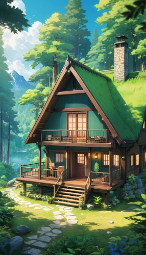 house in the forest,summer cottage,forest house,wooden house,the cabin in the mountains,log home,small cabin,log cabin,little house,cottage,house in the mountains,house in mountains,small house,home landscape,dreamhouse,studio ghibli,ghibli,chalet,beautiful home,house with lake,Illustration,Japanese style,Japanese Style 03