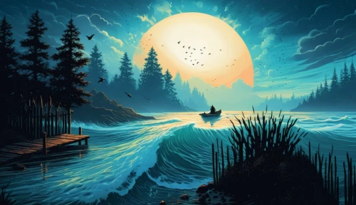 evening lake,fisherman,beautiful wallpaper,game illustration,night scene,boat landscape,vector illustration,alaska,river landscape,digital illustration,landscape background,fishing camping,fantasy picture,moonlit night,moon and star background,sci fiction illustration,fishermen,nacht,world digital painting,teal digital background,Illustration,Realistic Fantasy,Realistic Fantasy 25