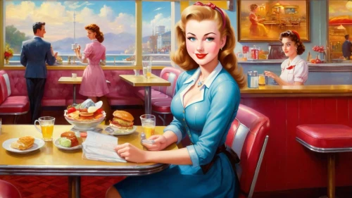 retro diner,waitress,woman at cafe,retro pin up girls,50's style,women at cafe,soda fountain,woman drinking coffee,woman with ice-cream,fifties,retro pin up girl,tearoom,soda shop,diner,retro women,diners,waitresses,pin-up girls,paris cafe,retro woman