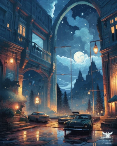 night scene,nacht,arkham,streetlamps,musical background,music background,background design,city at night,atlantis,coldharbour,at night,fantasy city,street lamps,atmosfera,rome night,background images,halloween background,city gate,castlevania,orchestral,Illustration,Realistic Fantasy,Realistic Fantasy 25