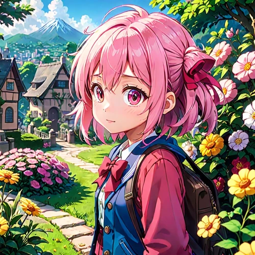 sakura background,japanese sakura background,springtime background,spring background,savigne,nadeshiko,flower background,akari,meteora,kururi,kanata,minori,alisa,hanami,komuna,landscape background,sakura florals,farm background,colorful background,girl picking flowers,Anime,Anime,Traditional