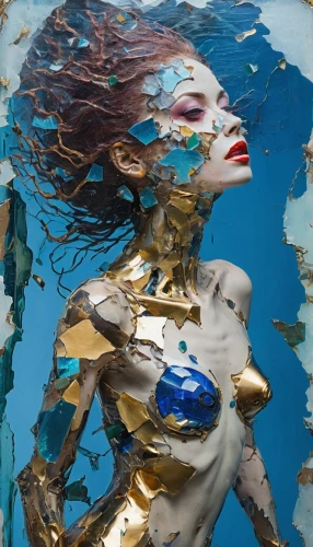 gold foil mermaid,jingna,siren,naiad,sirena,amphitrite,water nymph,fathom,sirene,polychromed,naiads,nereid,submerged,sirens,immersed,bodypainting,fragmented,underwater background,figurehead,under the water,Conceptual Art,Oil color,Oil Color 20