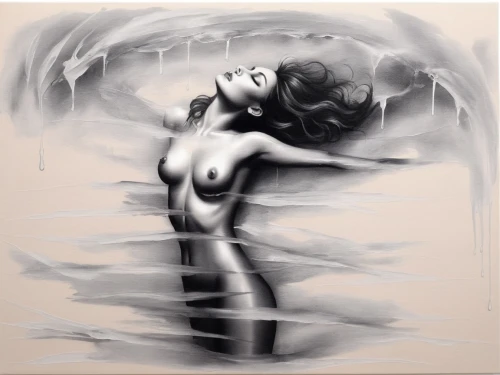 charcoal drawing,sirene,fluidity,bather,water nymph,dussel,bodypainting,vanderhorst,markin,naiad,siren,grafite,dance with canvases,emic,rone,spray paint,chalk drawing,ondine,volou,caple,Illustration,Black and White,Black and White 34