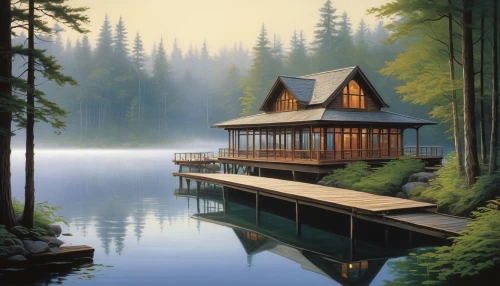 house with lake,summer cottage,house by the water,boat house,boathouse,houseboat,house in the forest,the cabin in the mountains,floating huts,cottage,log home,forest lake,small cabin,summer house,log cabin,houseboats,forest house,wooden house,boathouses,inverted cottage,Conceptual Art,Sci-Fi,Sci-Fi 15