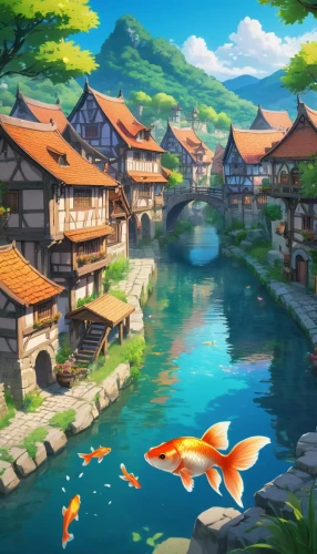 koi pond,fishing village,butka,fishpond,bird kingdom,cartoon video game background,japanese background,fishes,japan landscape,mokichi,underwater oasis,beautiful japan,world digital painting,kanto,ghibli,korean folk village,studio ghibli,arowana,qingcheng,koi,Illustration,Japanese style,Japanese Style 03