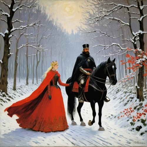 zhivago,highwayman,sleigh ride,hildebrandt,herennius,red riding hood,snow scene,prydain,imperial coat,suit of the snow maiden,red cape,wallachia,fantasy picture,santa and girl,vintage christmas card,arthurian,the snow queen,fairy tale,friedrich,a fairy tale,Art,Artistic Painting,Artistic Painting 04