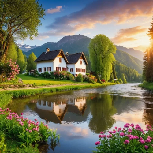 beautiful landscape,home landscape,beautiful home,house in mountains,meadow landscape,summer cottage,landscapes beautiful,nature landscape,house in the mountains,idyllic,house with lake,netherland,green landscape,country house,landscape background,austria,nature wallpaper,landscape nature,country cottage,house by the water,Photography,General,Realistic