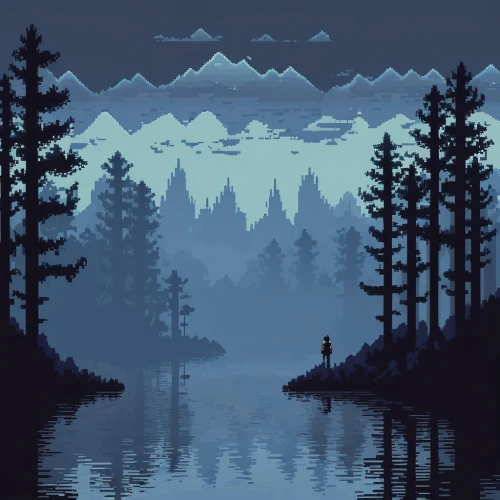 pixel art,dusk,evening lake,forest lake,dusk background,serene,ozark,wilderness,forest,ponderosa,mountains,forests,distant,before the dawn,forest dark,a small lake,the forest,pines,foggy forest,forest background