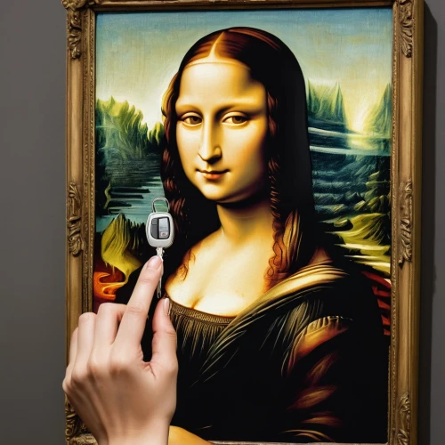 woman holding a smartphone,woman pointing,mona lisa,the gesture of the middle finger,pointing woman,lady pointing,mona,monalisa,sandisk,droste effect,augmented reality,gioconda,micro sd card,warning finger icon,sd card,finger,warning finger,finger art,artstor,touch screen hand,Art,Classical Oil Painting,Classical Oil Painting 03
