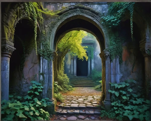 doorways,archways,hall of the fallen,the threshold of the house,portal,the mystical path,passageway,archway,fantasy picture,entrada,rivendell,entranceways,passageways,entrances,threshold,doorway,entranceway,pathway,corridors,labyrinthian,Conceptual Art,Oil color,Oil Color 25