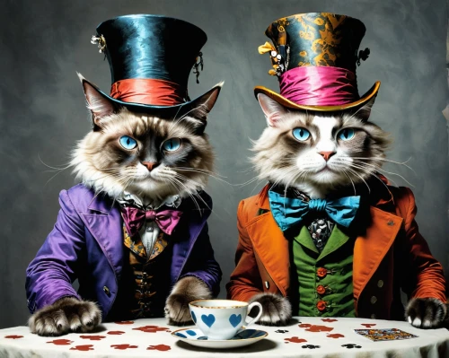 tea party cat,vintage cats,oktoberfest cats,aristocrats,cat coffee,tea party,teatime,cat drinking tea,alice in wonderland,tea time,two cats,copycatting,cups of coffee,playing cards,gatos,magicians,animals play dress-up,butlers,cats,ringmasters,Illustration,American Style,American Style 02