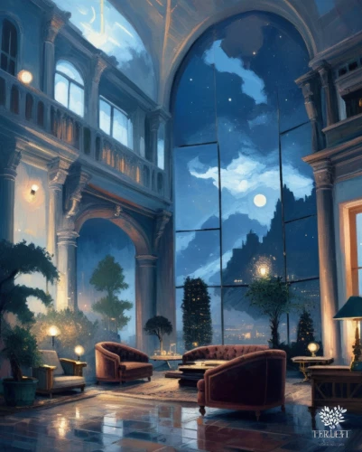 conservatory,blue room,hotel lobby,evening atmosphere,mansion,sky apartment,ornate room,background design,fantasy landscape,intercontinental,dandelion hall,luxury hotel,atriums,dreamhouse,world digital painting,ambience,seclusion,grandeur,night scene,lobby,Illustration,Realistic Fantasy,Realistic Fantasy 25